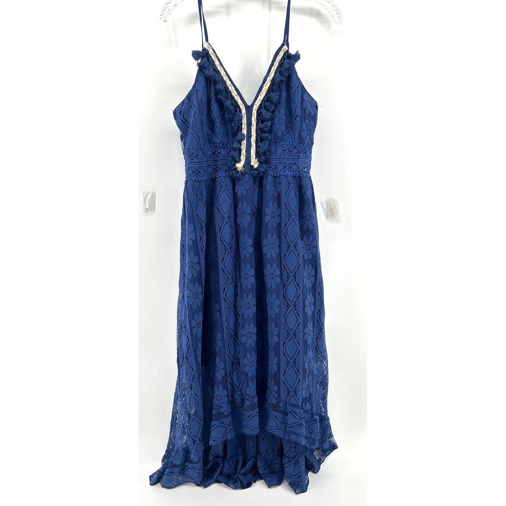 Cupshe Blue Lace High-Low Maxi Dress V-Neck Boho Tassel Trim Smocked Back Large